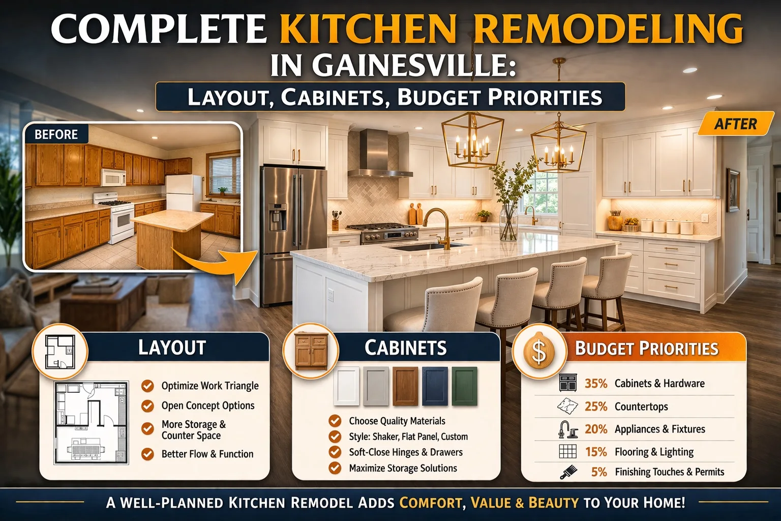 Complete Kitchen Remodeling in Gainesville: Layout, Cabinets, Budget Priorities